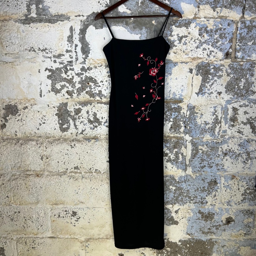Vintage 90's Gantos Maxi Dress Black Floral Embroidery Minimalist Womens Small